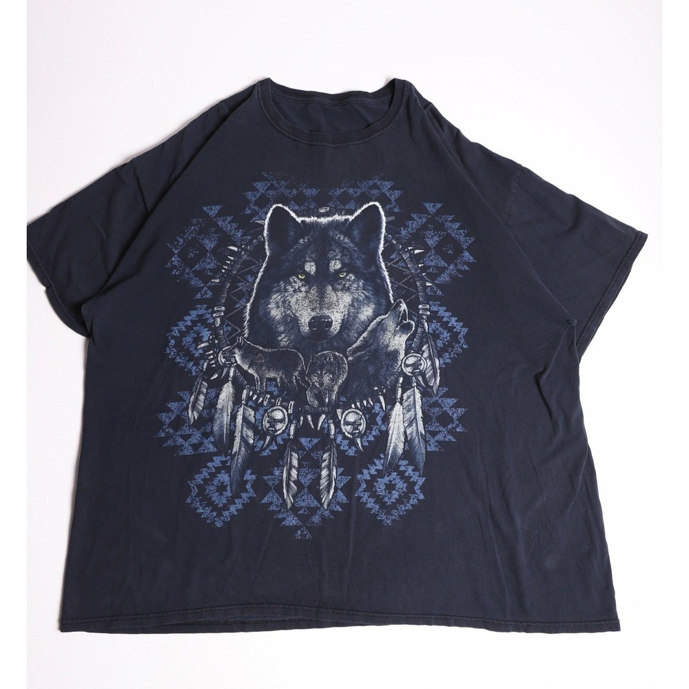Vintage Wolf Dreamcatcher Graphic T-Shirt Navy Blue Oversized Nature Tee